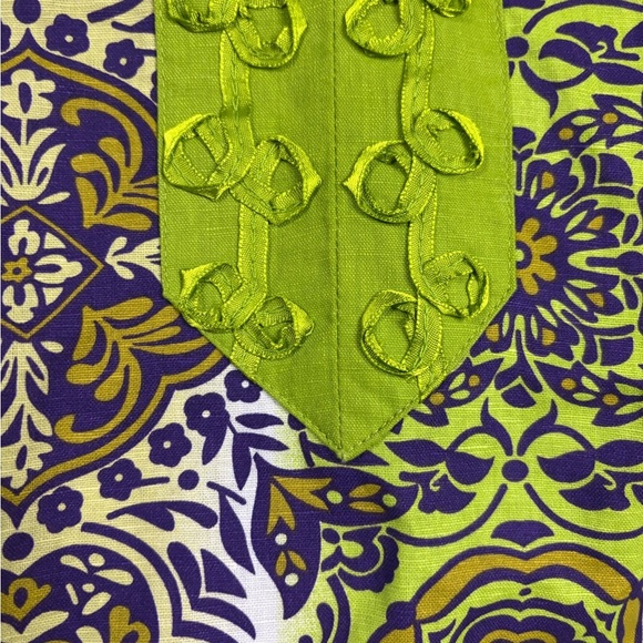 Ecologie Womens Green Purple  V-Neck 100% Linen Tunic Size Large 3/4 Sleeves - Picture 6 of 7